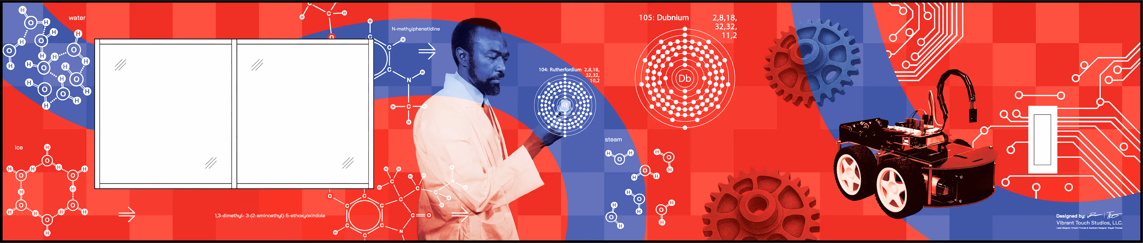 Illustration with a man in a white lab coat pointing at a molecular diagram, surrounded by chemical structures, atomic diagrams of elements Dubnium and Rutherfordium, and a robotic vehicle on a red and blue abstract background.