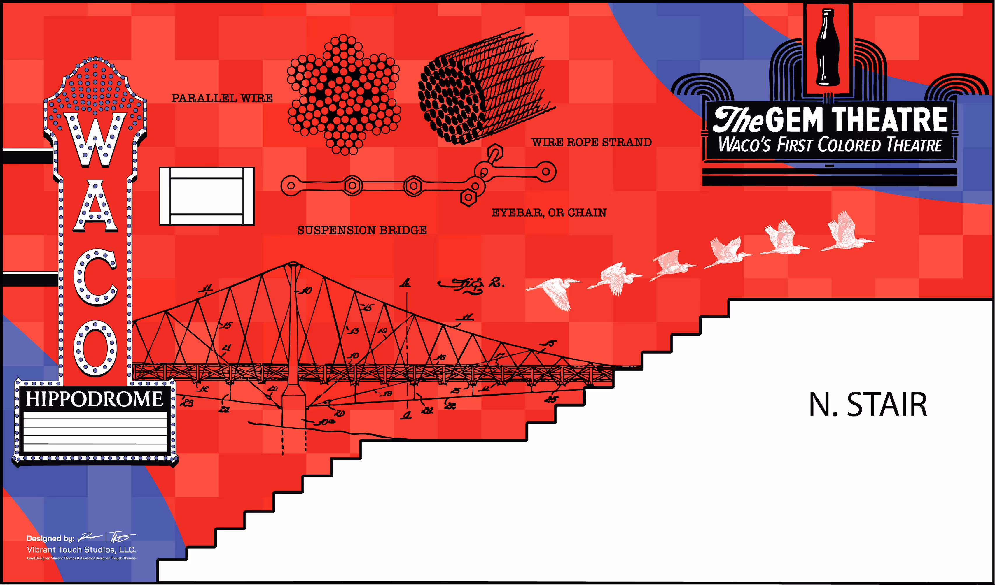 Red and blue mural featuring Waco Hippodrome and The Gem Theatre signs, a suspension bridge blueprint, diagrams of parallel wire and wire rope strand, and flying white birds above stairs labeled 'N. Stair'.