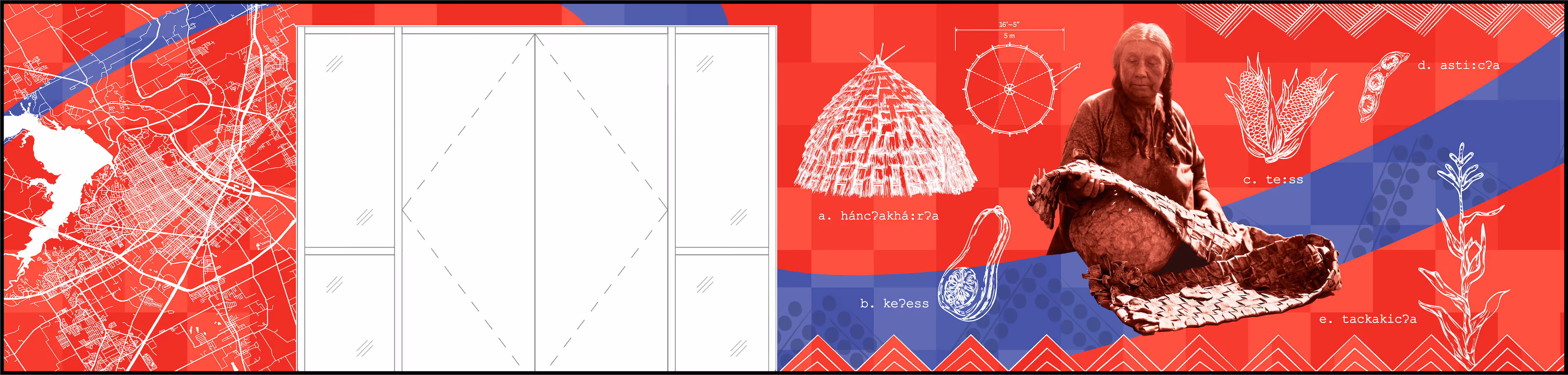 Mural featuring a red and blue checkerboard background, a white city map on the left, schematic drawings of indigenous items in white, and a sepia-toned image of an indigenous person weaving baskets on the right.