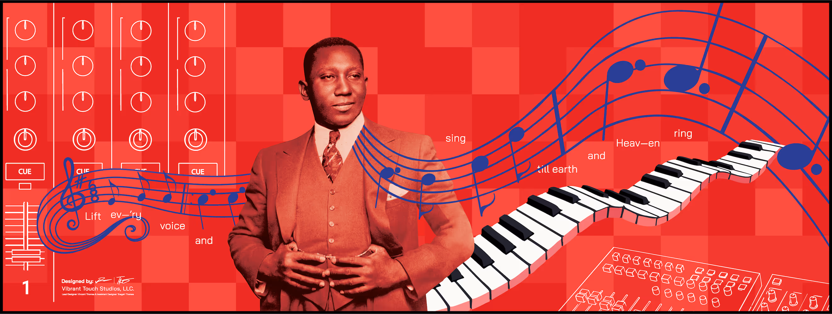 Vintage photo of a man in a suit with stylized blue musical notes and a flowing piano keyboard on a red background featuring audio mixer controls.