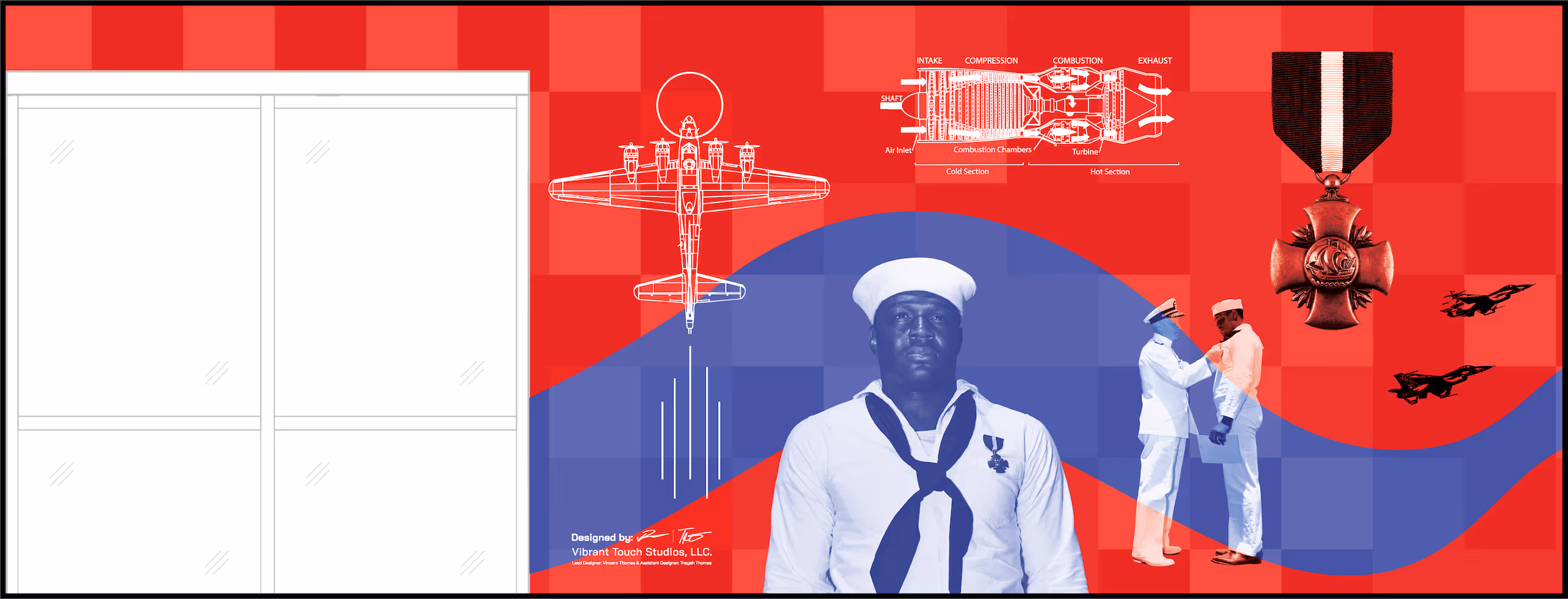 Artistic collage with a Black sailor in uniform, schematic airplane and engine diagrams, a military medal, and two sailors in uniform during a medal ceremony on a red and blue checkered background.