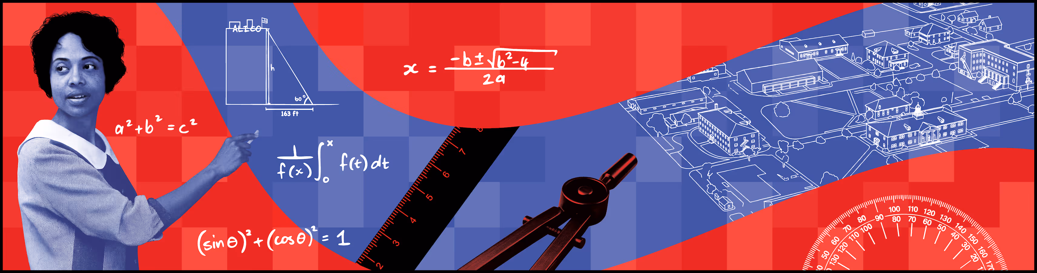 Collage with a woman pointing at mathematical formulas, geometry tools, and a blueprint-style map of buildings on a red and blue checkered background.
