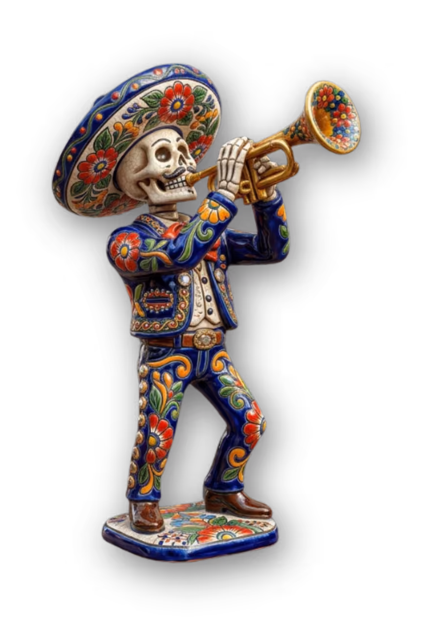 Colorful ceramic skeleton musician in traditional Mexican attire playing a trumpet with floral patterns.