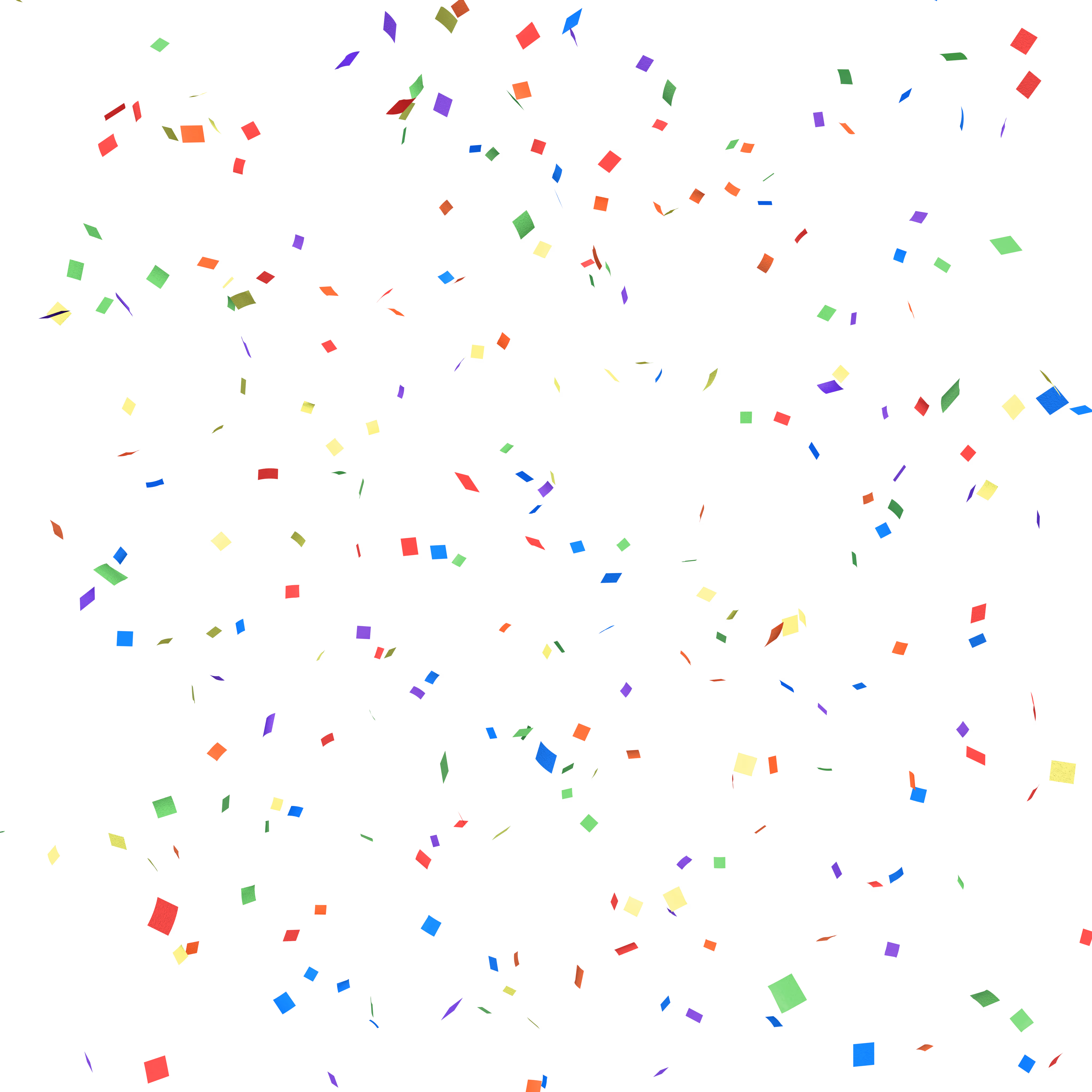 Colorful confetti squares scattered on a transparent background.