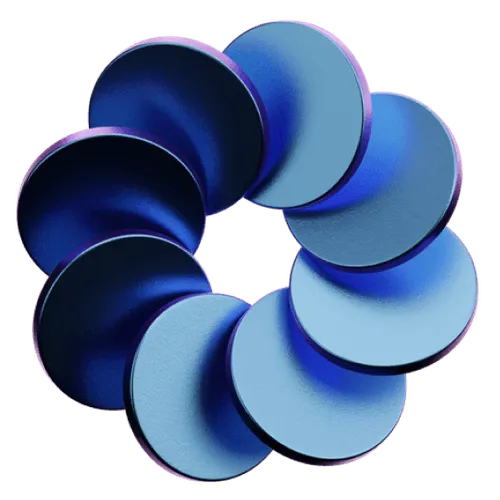 Abstract 3D circular arrangement of overlapping blue discs forming a ring shape.