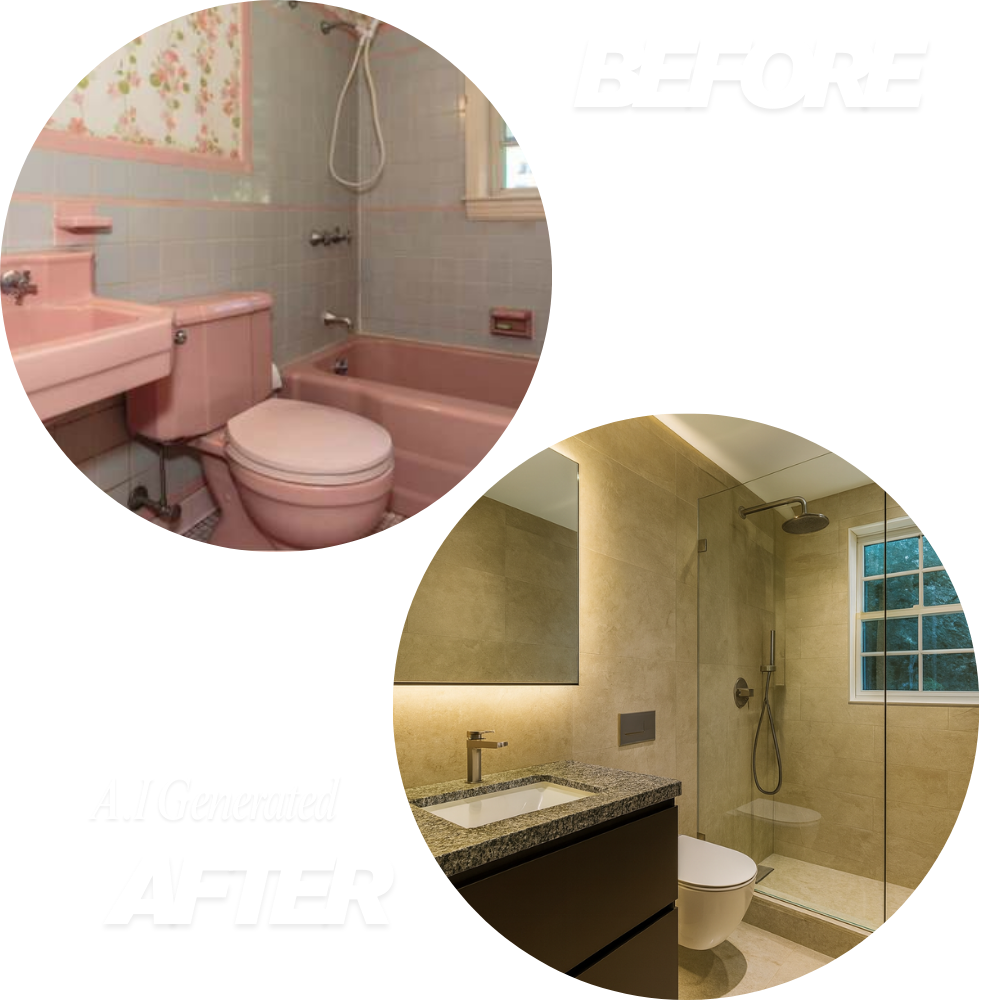 Comparison showing a dated pink bathroom with floral wallpaper labeled 'Before' and a modern, AI-generated beige bathroom remodel labeled 'After'.