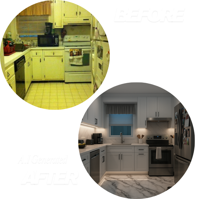 Two circular images showing a kitchen before and after renovation; the before kitchen has yellowed cabinets and dated appliances, and the AI-generated after kitchen has modern white cabinetry, stainless steel appliances, and marble-patterned flooring.