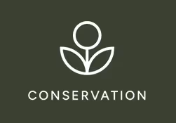 White minimalist flower icon above the word Conservation on a dark green background.