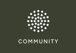 White circular cluster of dots above the word 'COMMUNITY' on a dark green background.