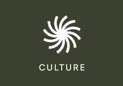 White stylized spiral logo above the word 'CULTURE' on a dark green background.