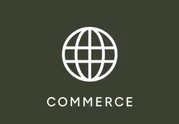 White globe icon above the word 'COMMERCE' on dark green background.