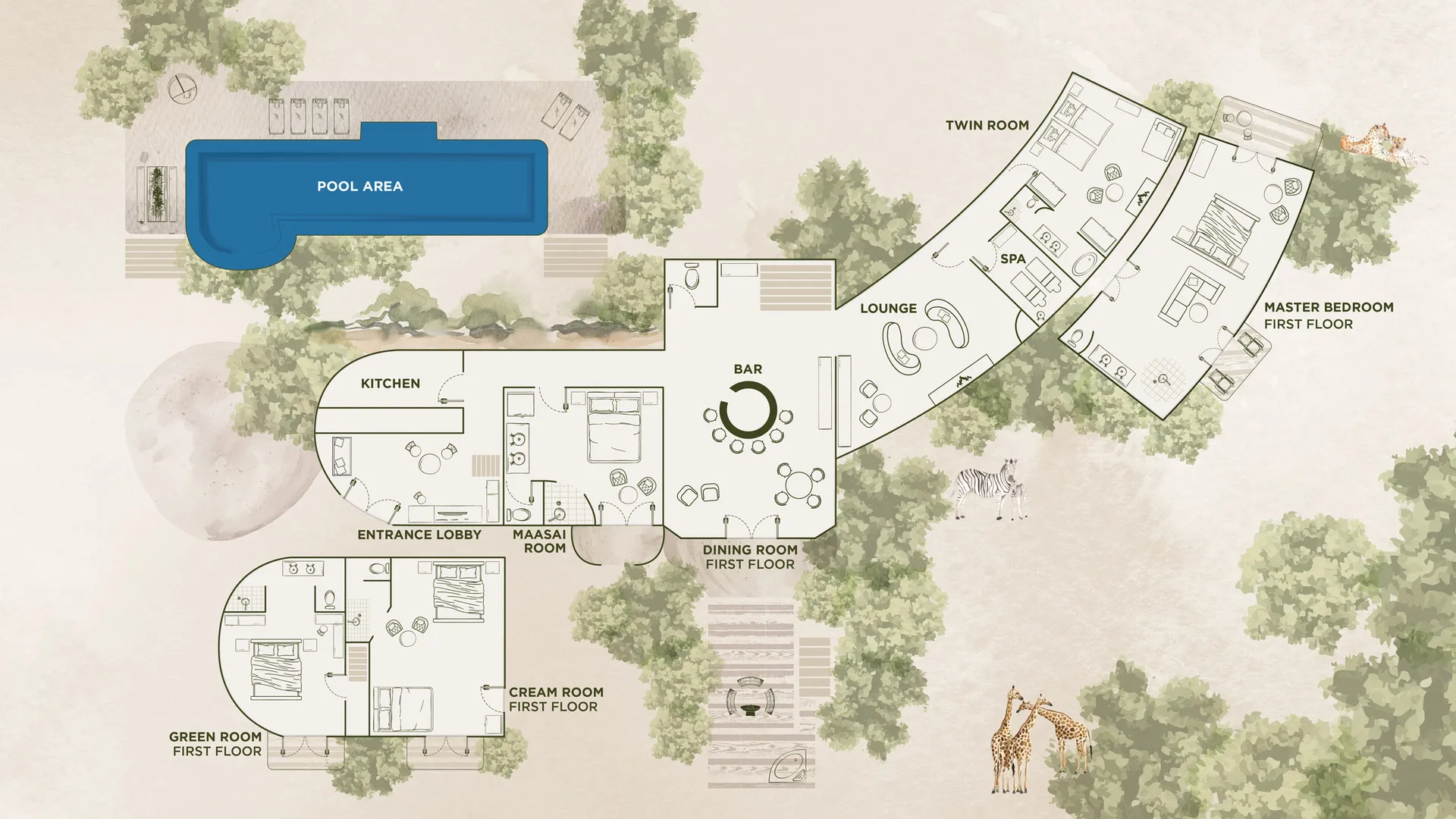 Aerial view of Cottar’s Bush Villa perched on a hilltop with the Mara–Serengeti landscape beyond.