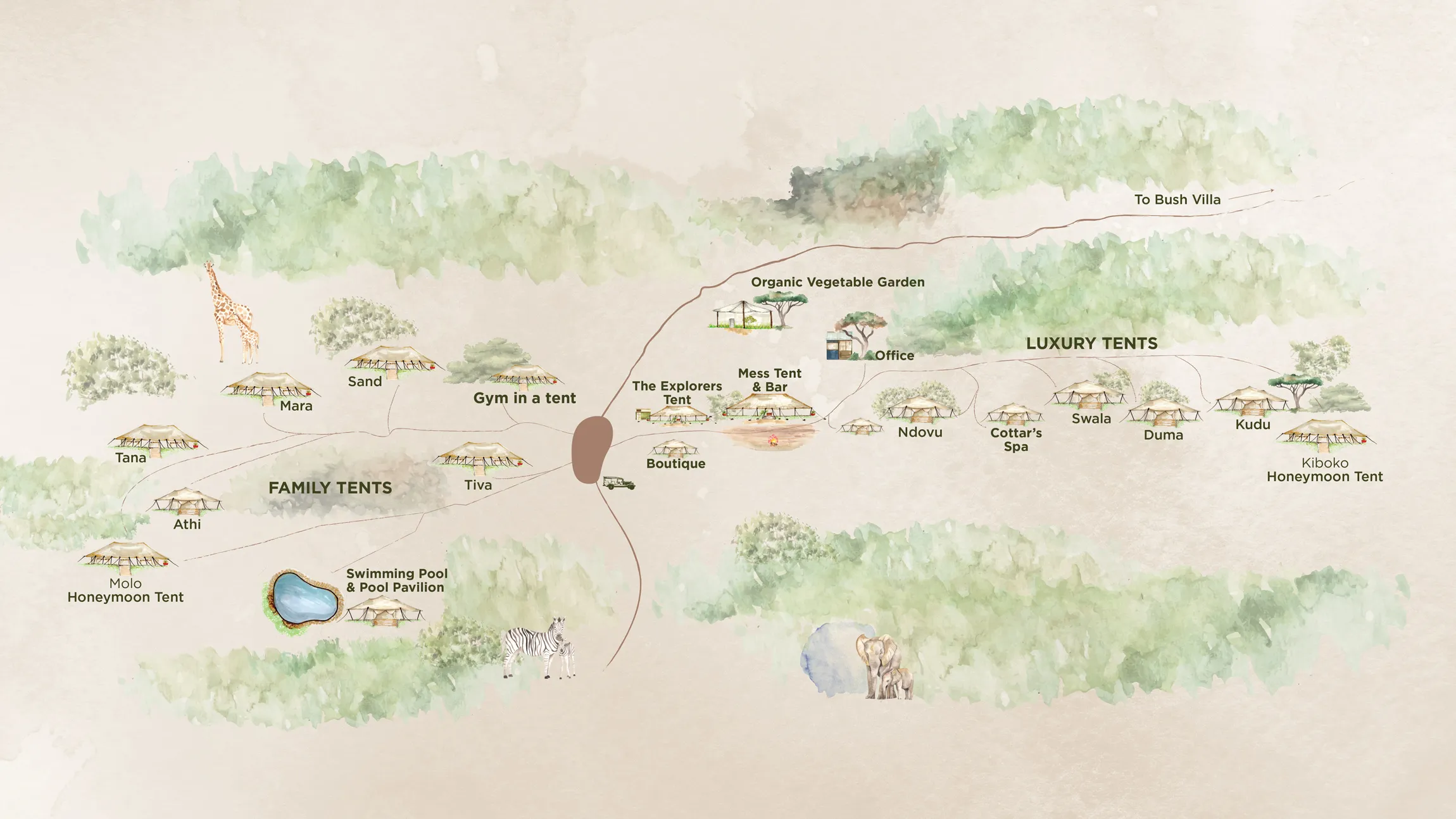 Cottar’s 1920s Camp Interior Interior of a luxury tent at Cottar’s 1920s Camp with a king bed, vintage décor, and open canvas walls overlooking lush greenery.