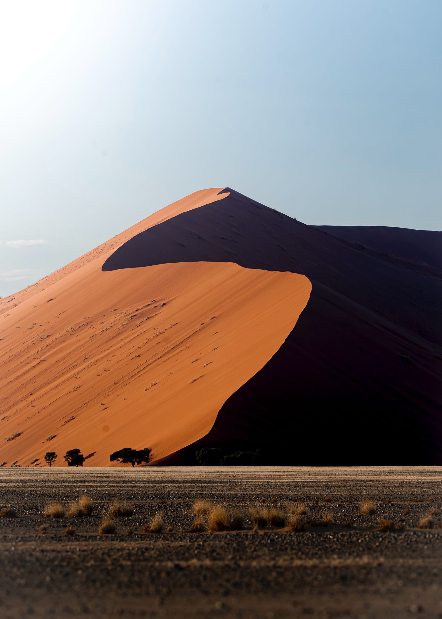 Expansive Namibian desert landscape with dunes and open skies.