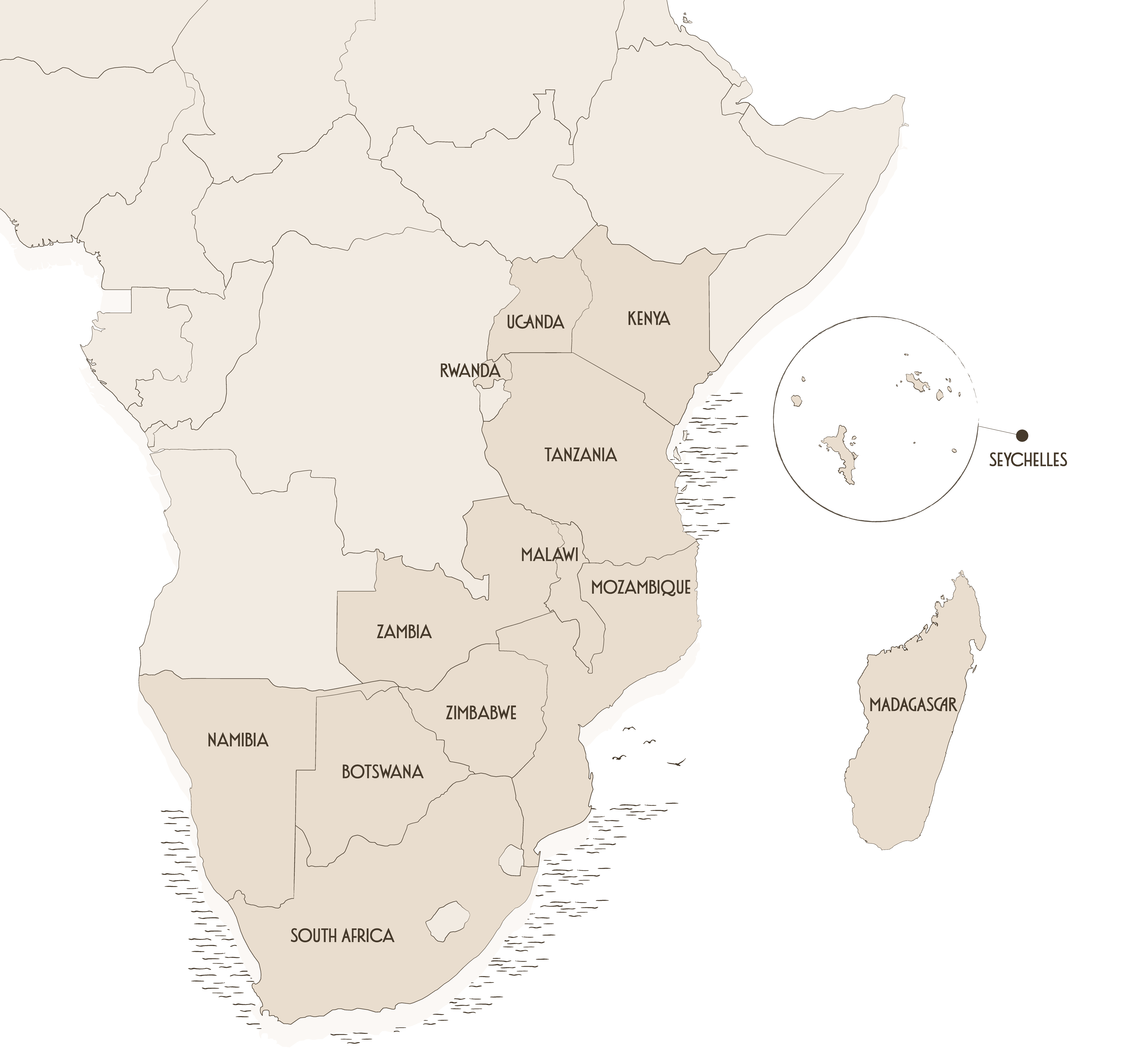 Illustrated map of Africa showing Cottar’s Travel Concierge destinations across East Africa, Southern Africa, and the Indian Ocean.