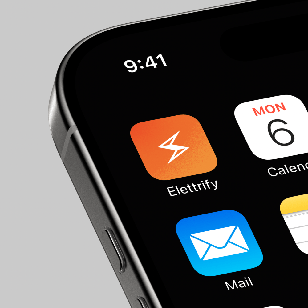Elettrify electric mobility app icon displayed on iPhone home screen alongside Mail and Calendar apps showing orange lightning bolt logo design