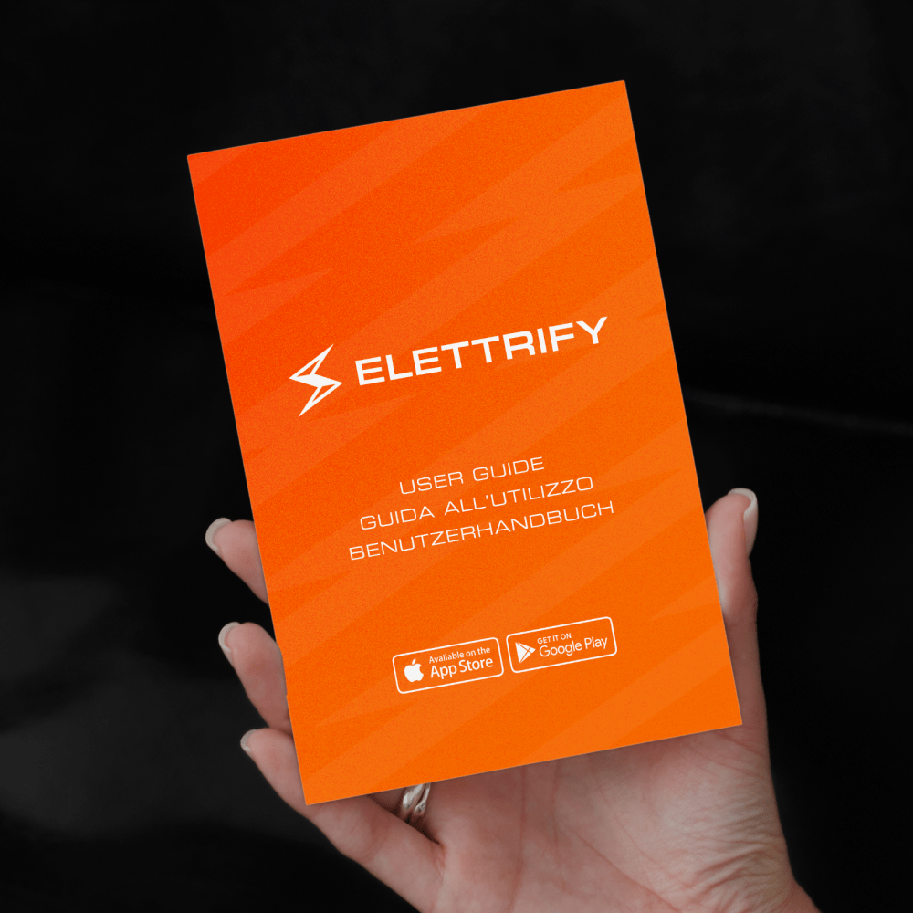 Elettrify e-bike and e-scooter rental service multilingual user guide handbook in English, Italian, and German with App Store and Google Play download options