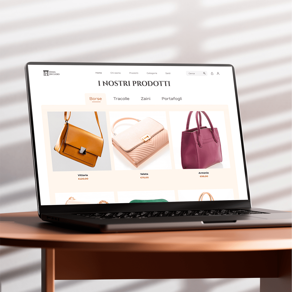 Dama di Cuoio e-commerce website displaying Italian leather handbags and accessories with modern web design and product catalog