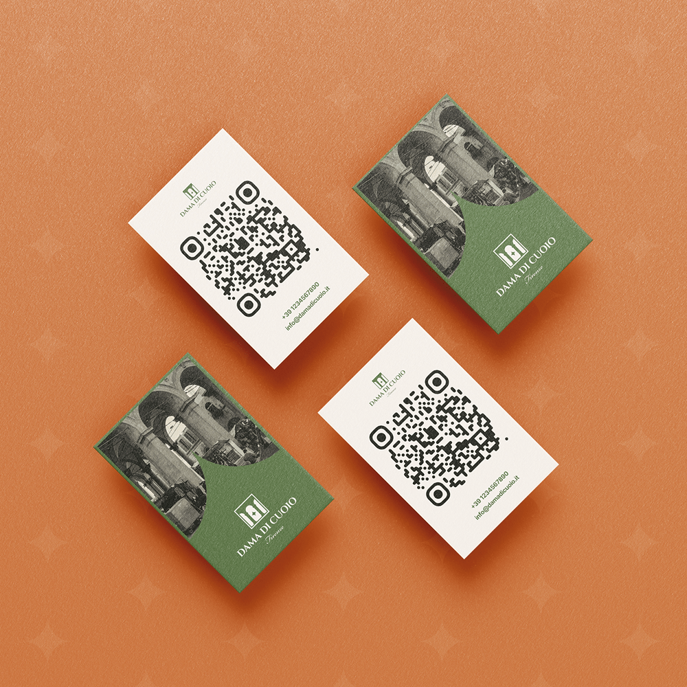 Dama di Cuoio Florence leather goods business cards featuring QR code integration and brand identity design on terracotta background