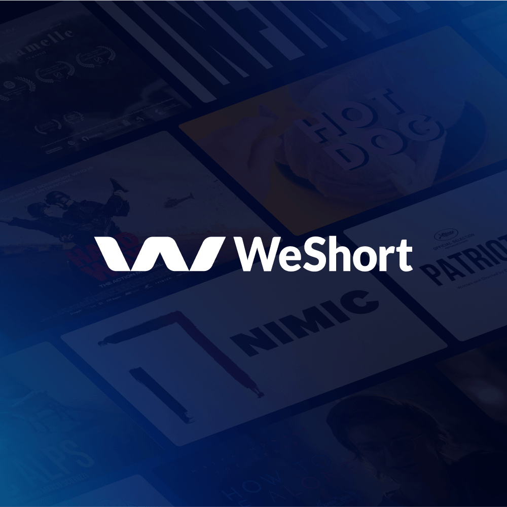 WeShort streaming platform logo design on blue gradient background with brand identity sketches and design process documentation for global short film platform