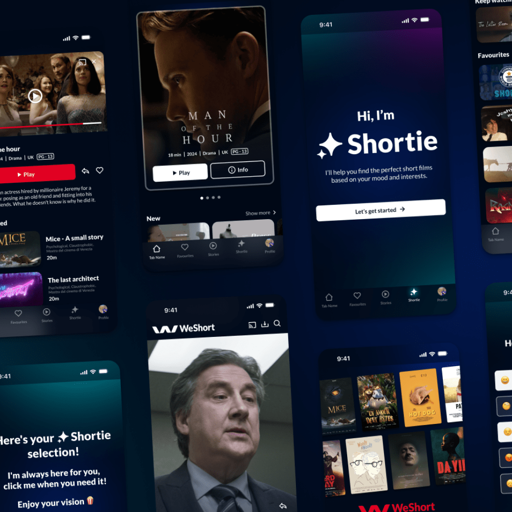 WeShort short film streaming app mobile interface featuring Shortie AI assistant, film recommendations, and personalized content discovery for iOS and Android platforms