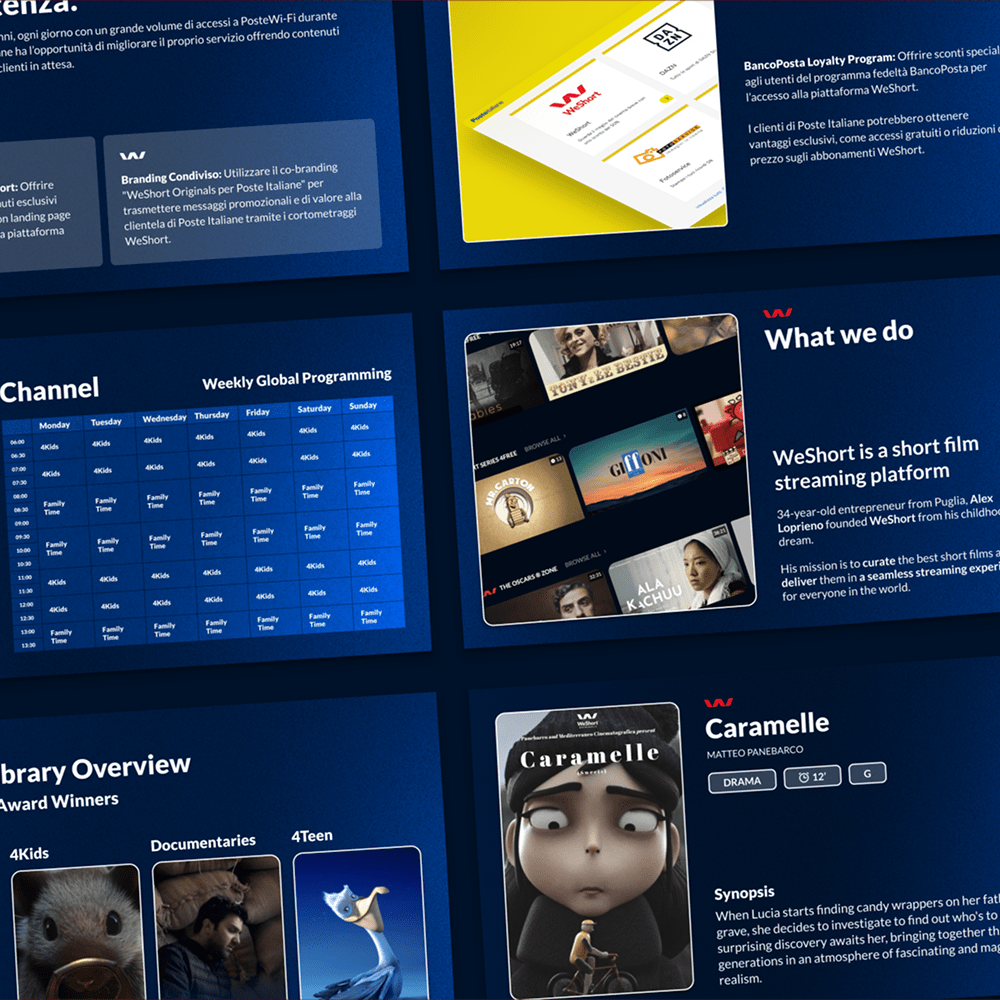 WeShort global short film streaming platform brand identity case study showing programming schedules, mobile app interfaces, and platform overview for 250,000+ users worldwide