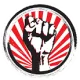 Fist raised for revolution with red and white background