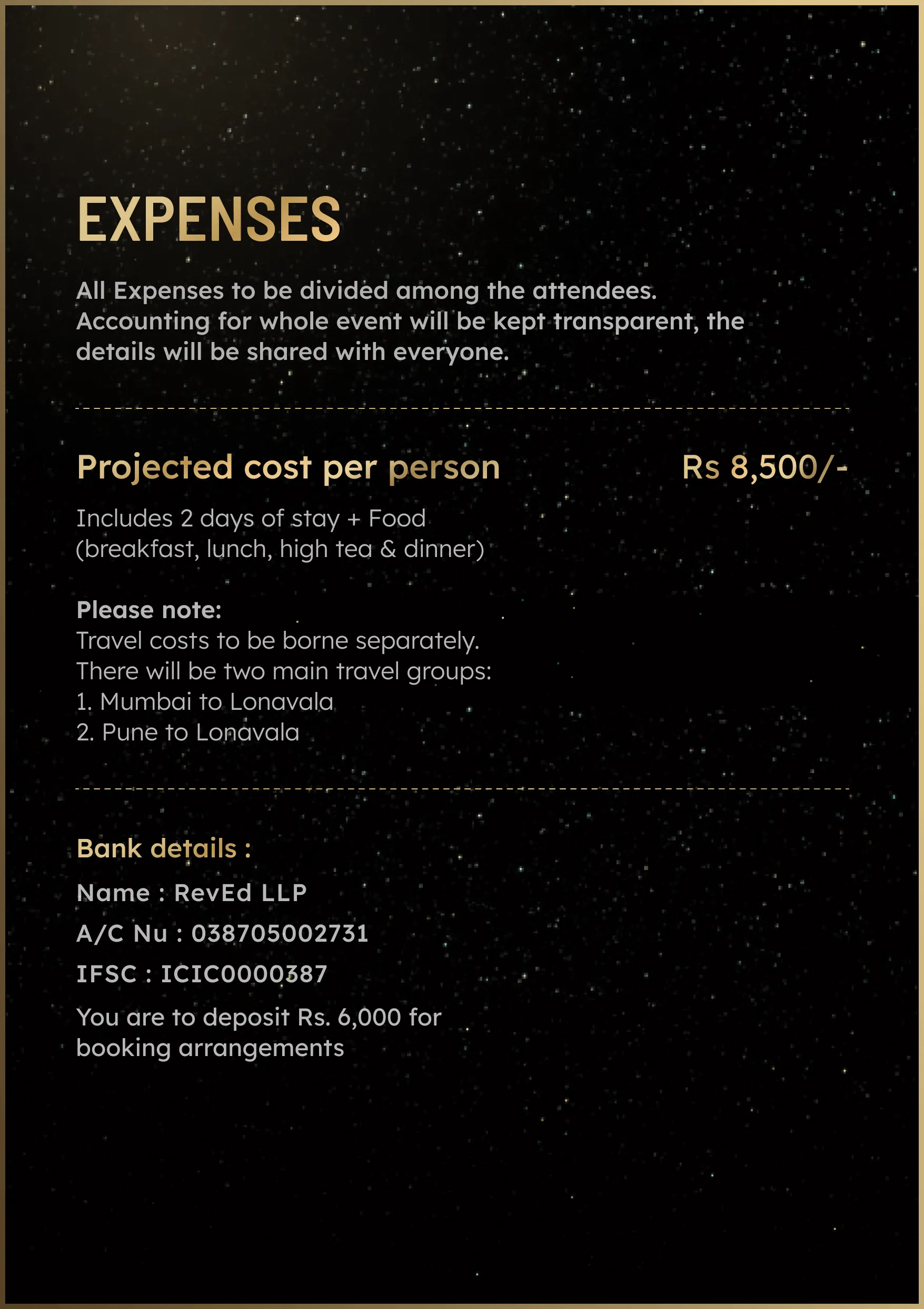 Expense details for event with projected cost, travel groups, and bank information