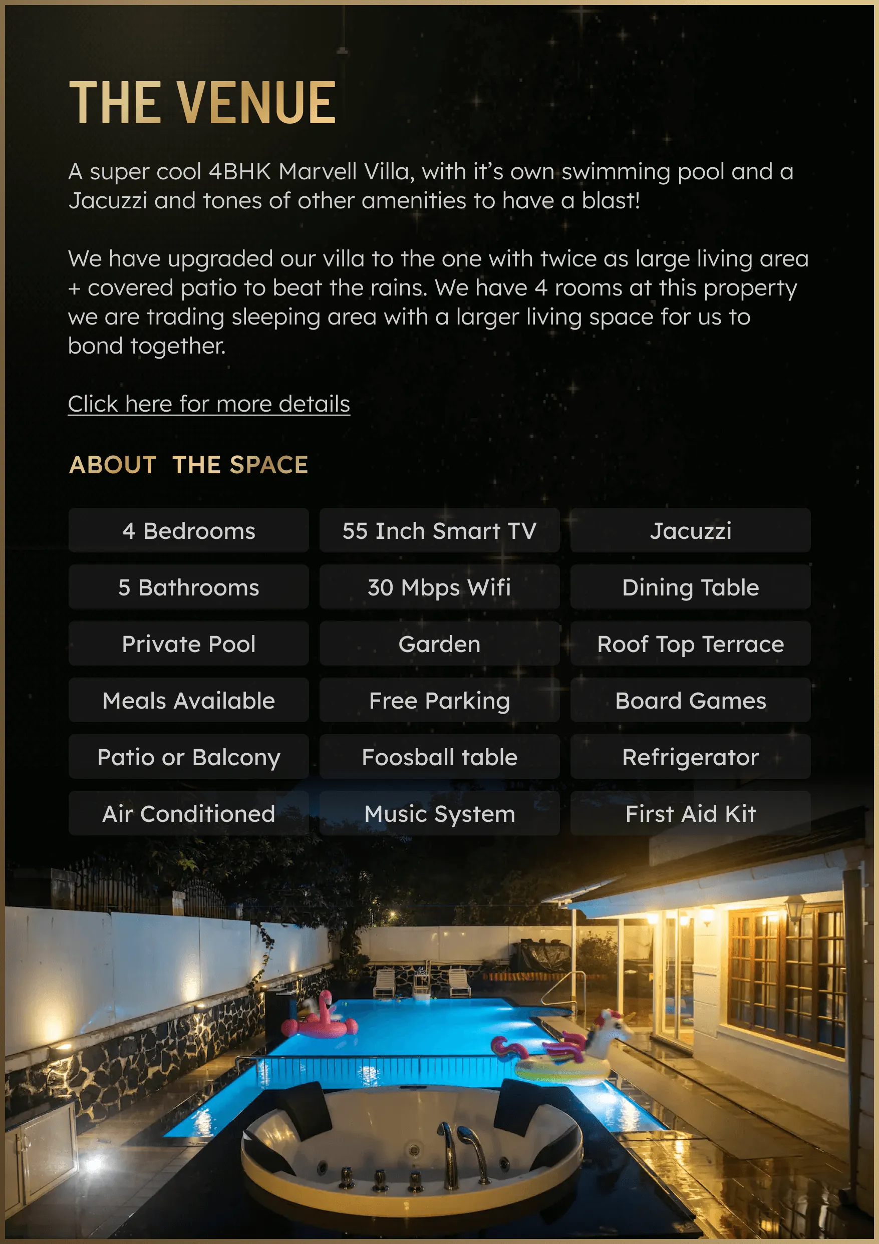 Luxurious villa with private pool, Jacuzzi, and colorful pool floats at night