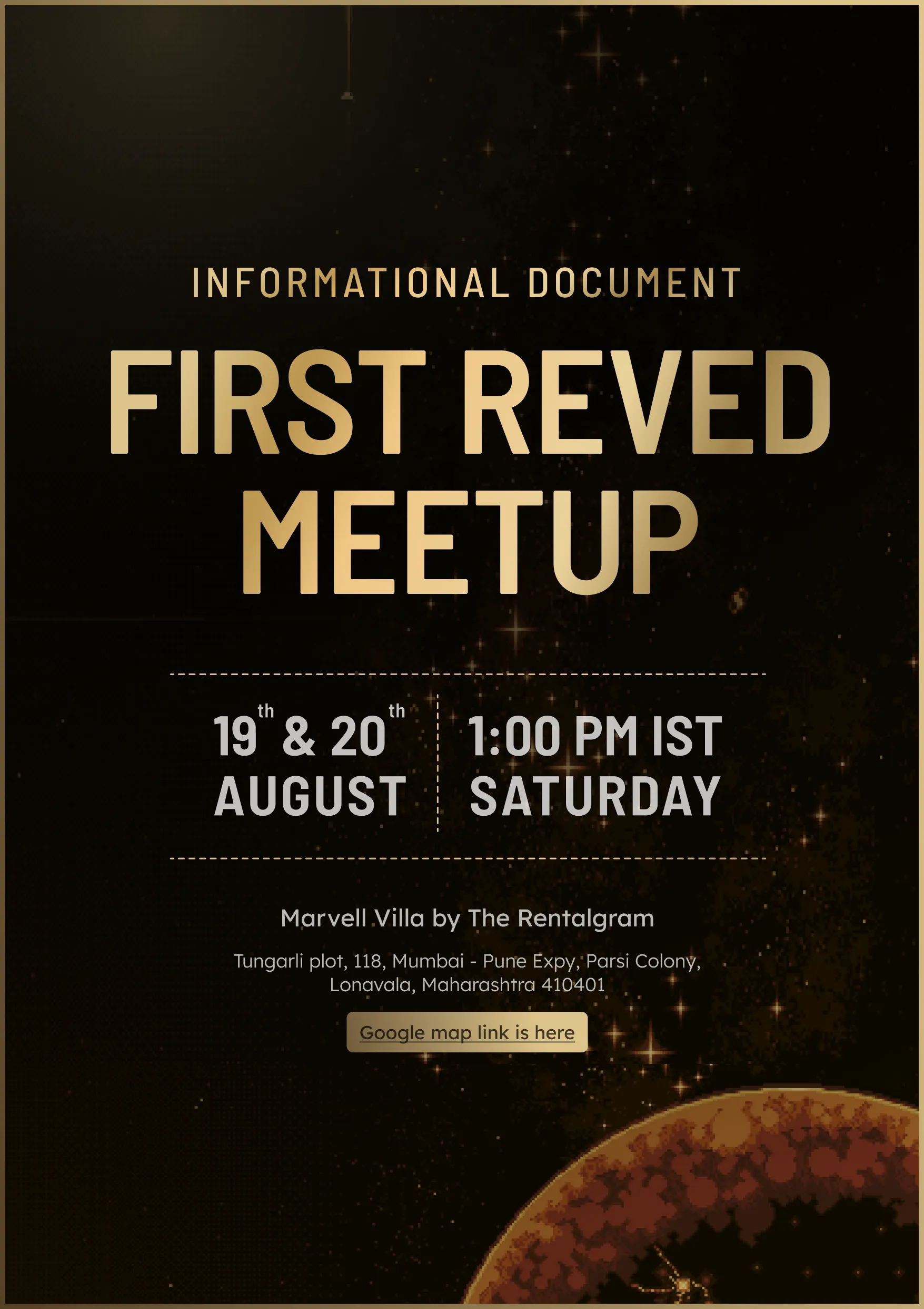 First Reved Meetup event poster with date, time, and location details