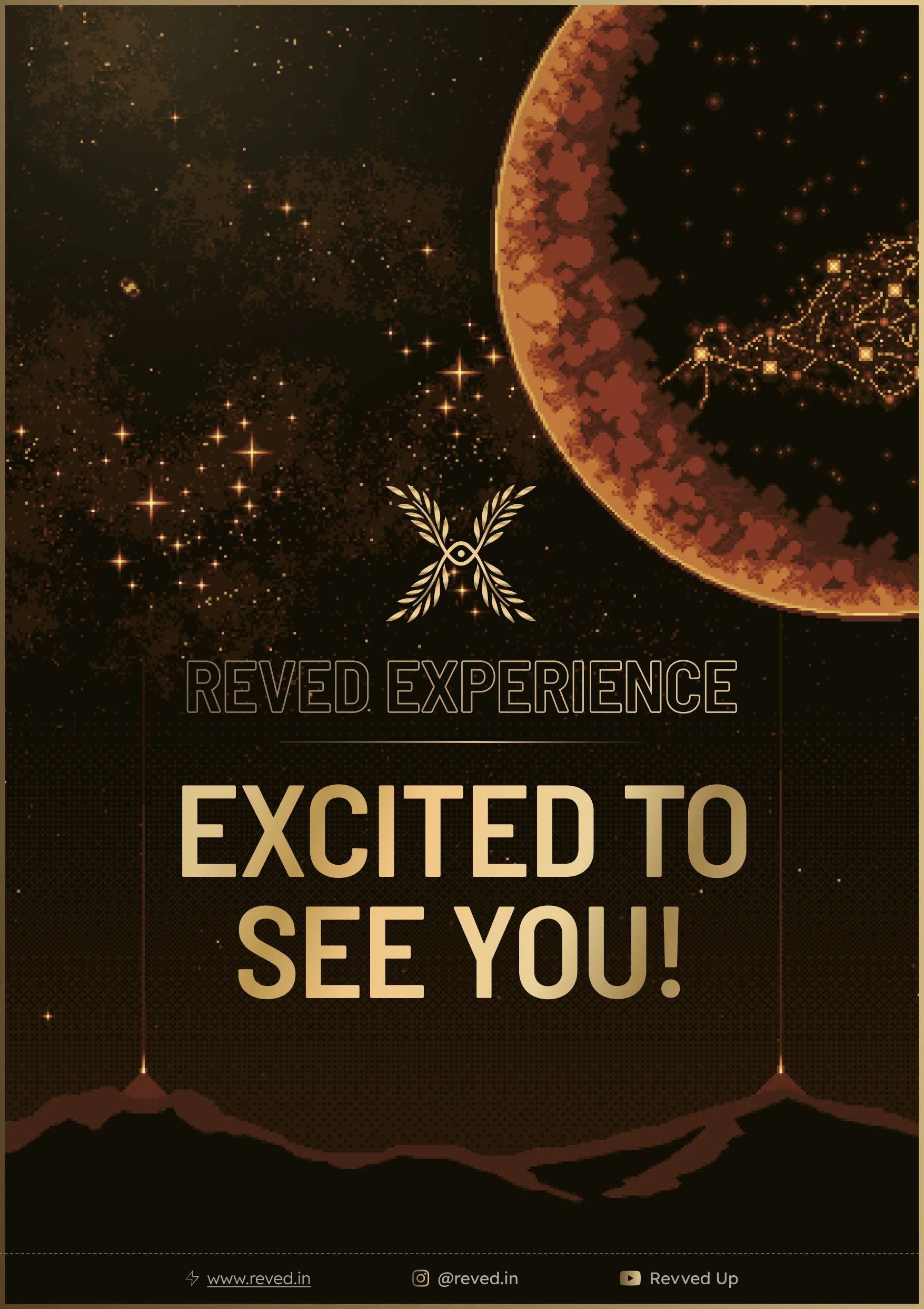 Cosmic poster with large planet, starry background, and "Excited to See You!"