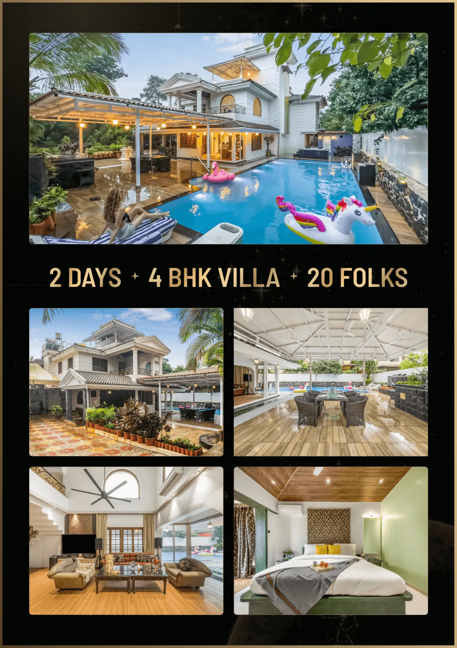 Luxurious 4BHK villa with pool, inflatable floats, and modern interiors