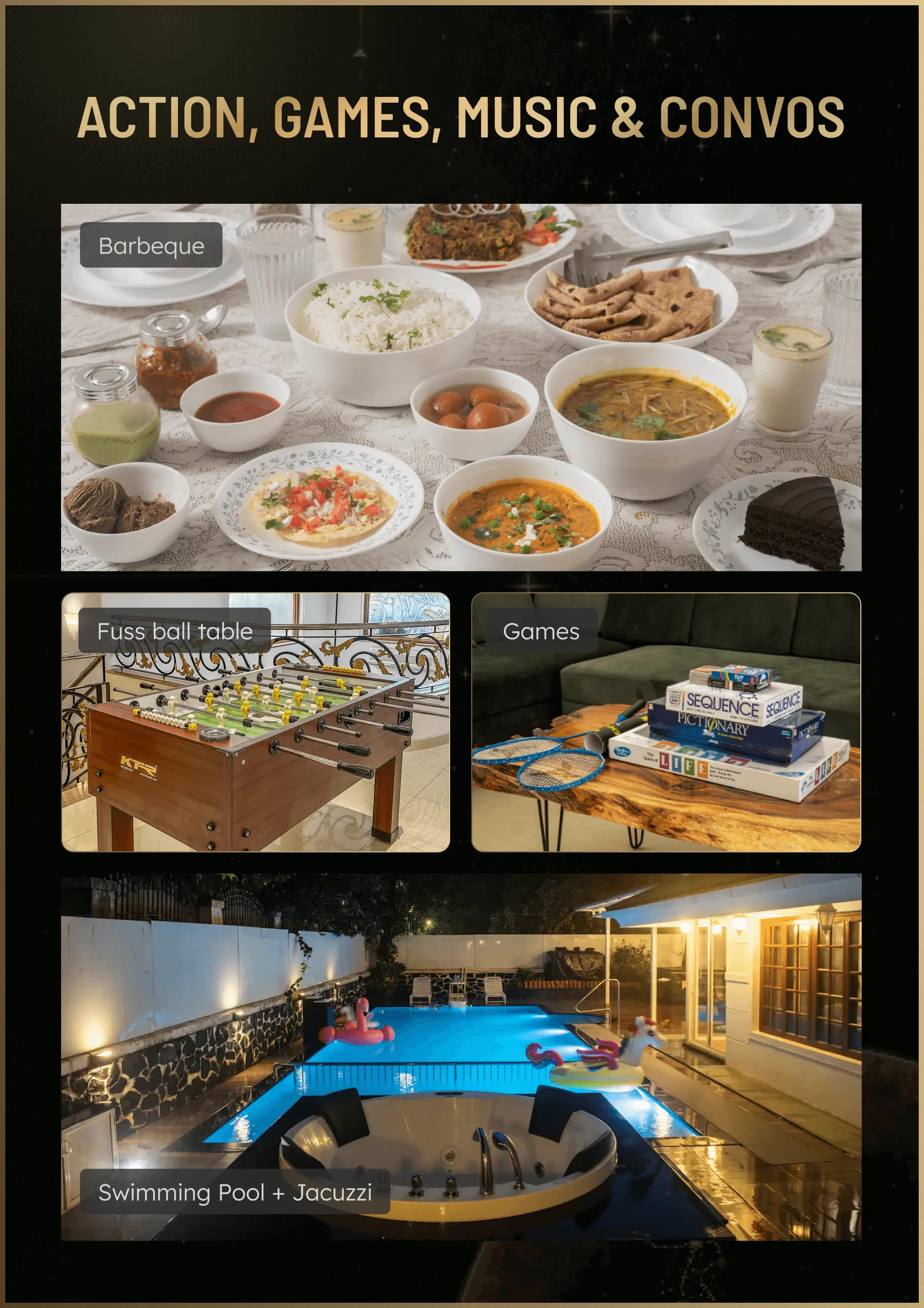 Entertainment setup with food, games, pool, and jacuzzi