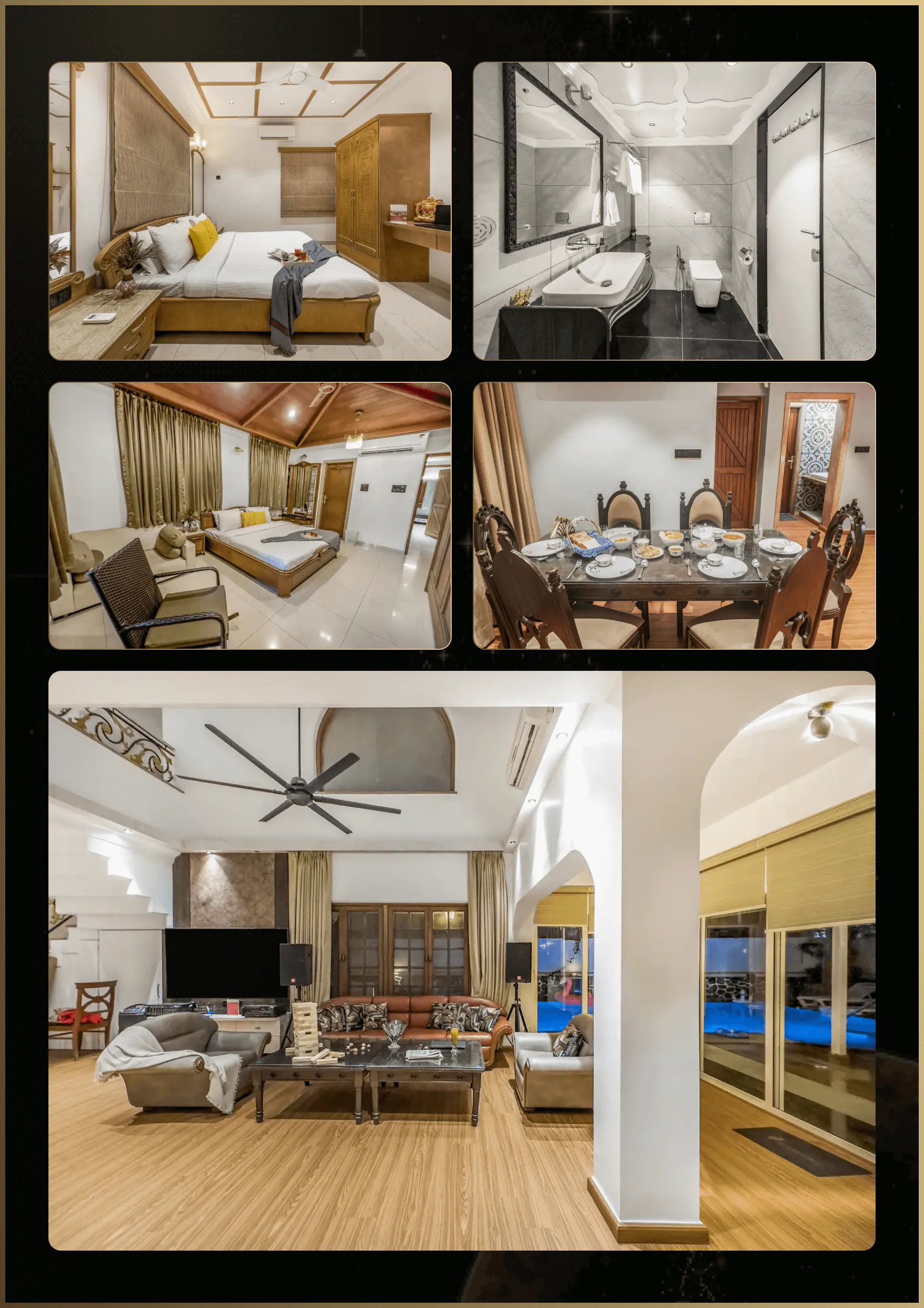 Modern hotel suite with bedroom, bathroom, dining, and living room areas
