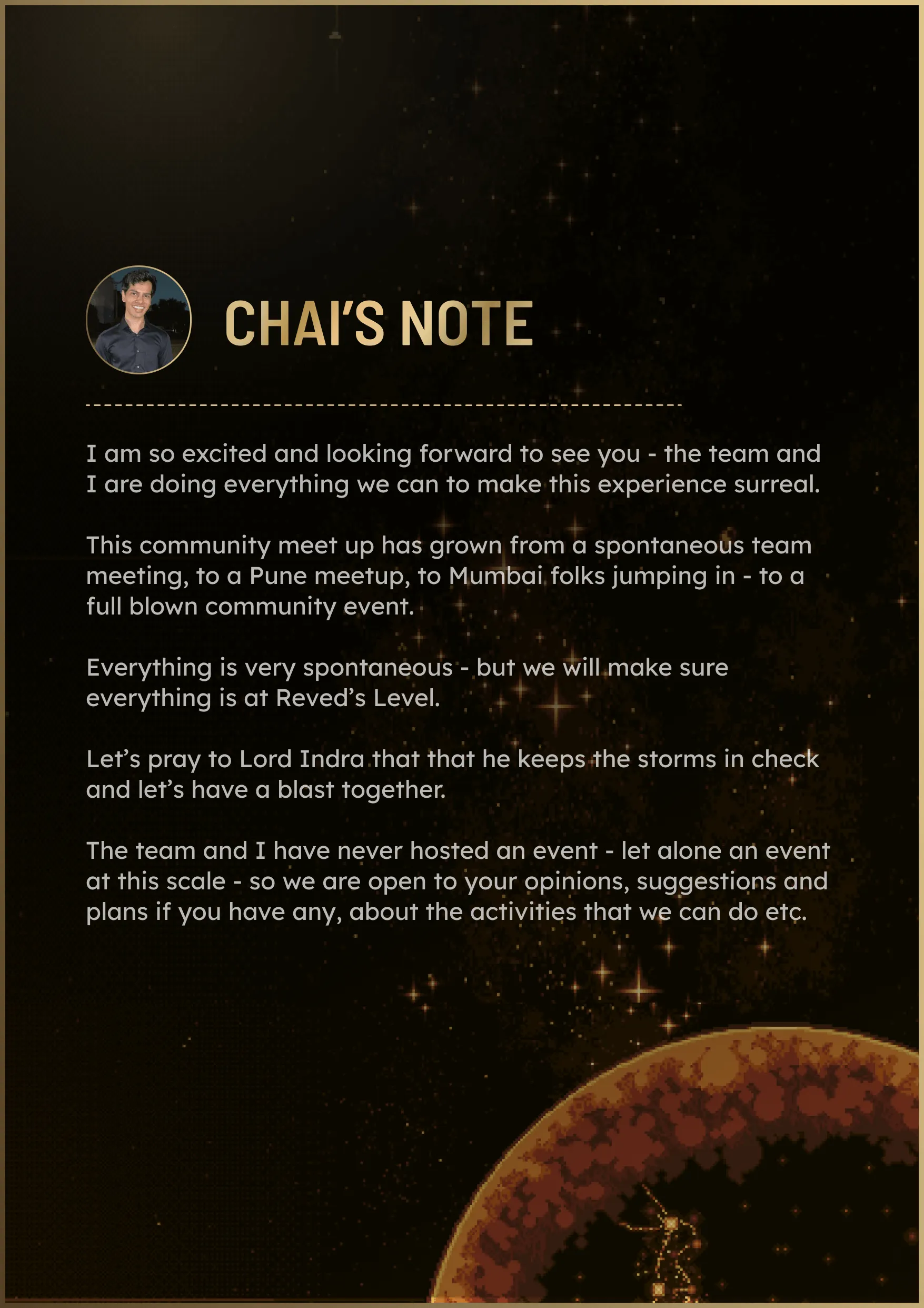 Chai's note about community meetup with starry cosmic background