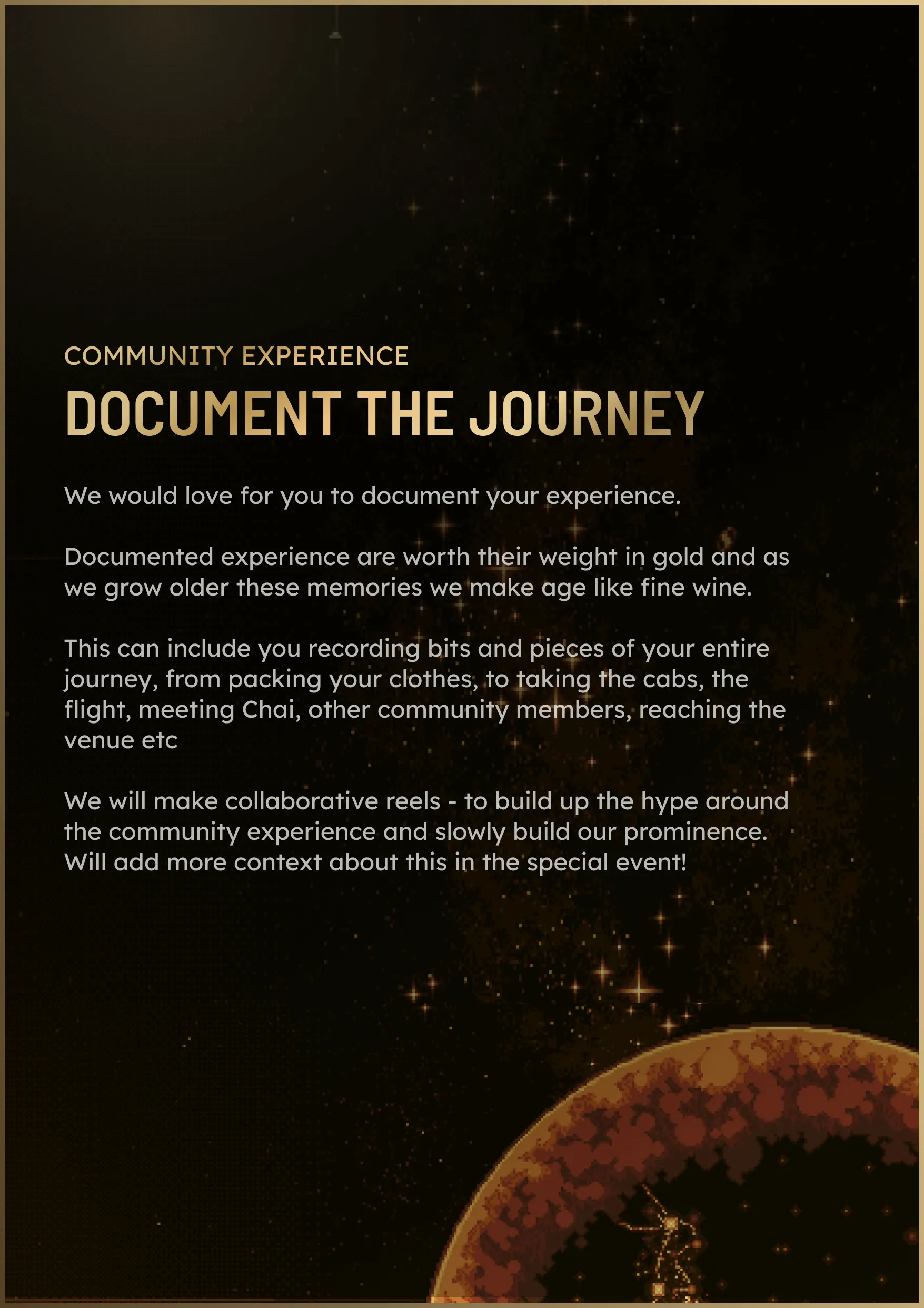 Community experience poster with starry background encouraging documenting personal journeys
