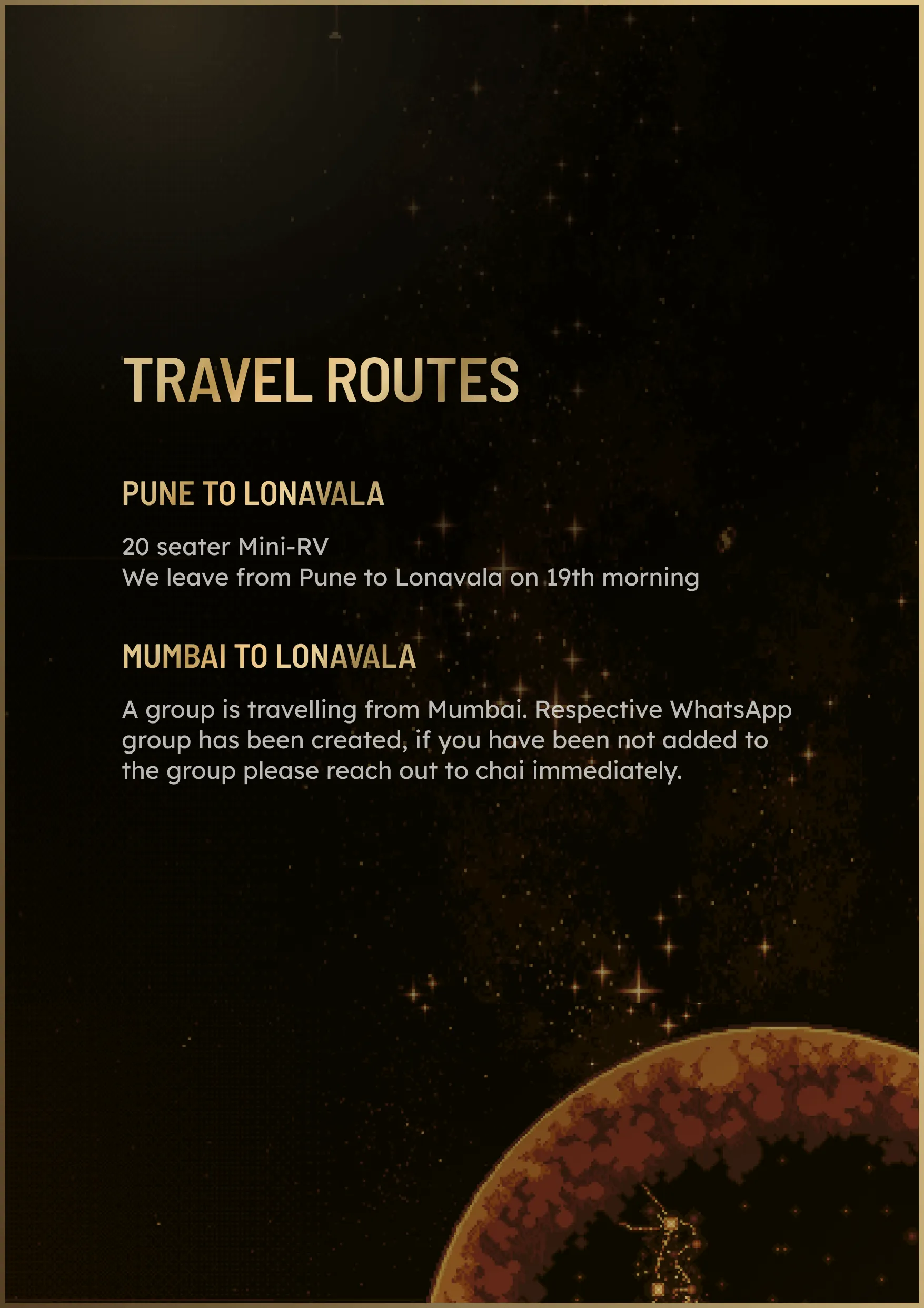 Travel routes for Pune and Mumbai to Lonavala with mini-RV details