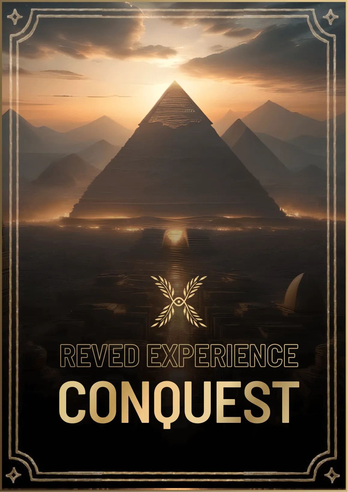 Dramatic poster of pyramids at sunset with Reved Experience Conquest text
