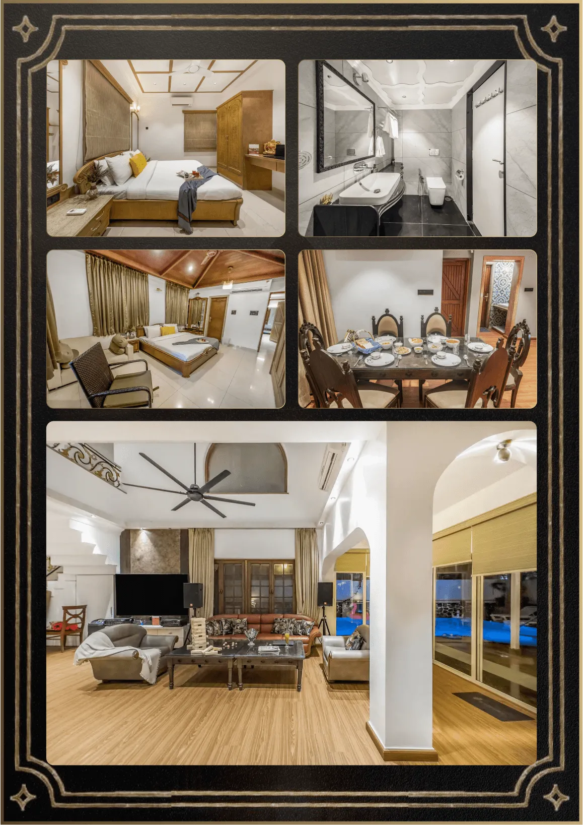 Luxury hotel suite with bedroom, bathroom, dining, and living areas