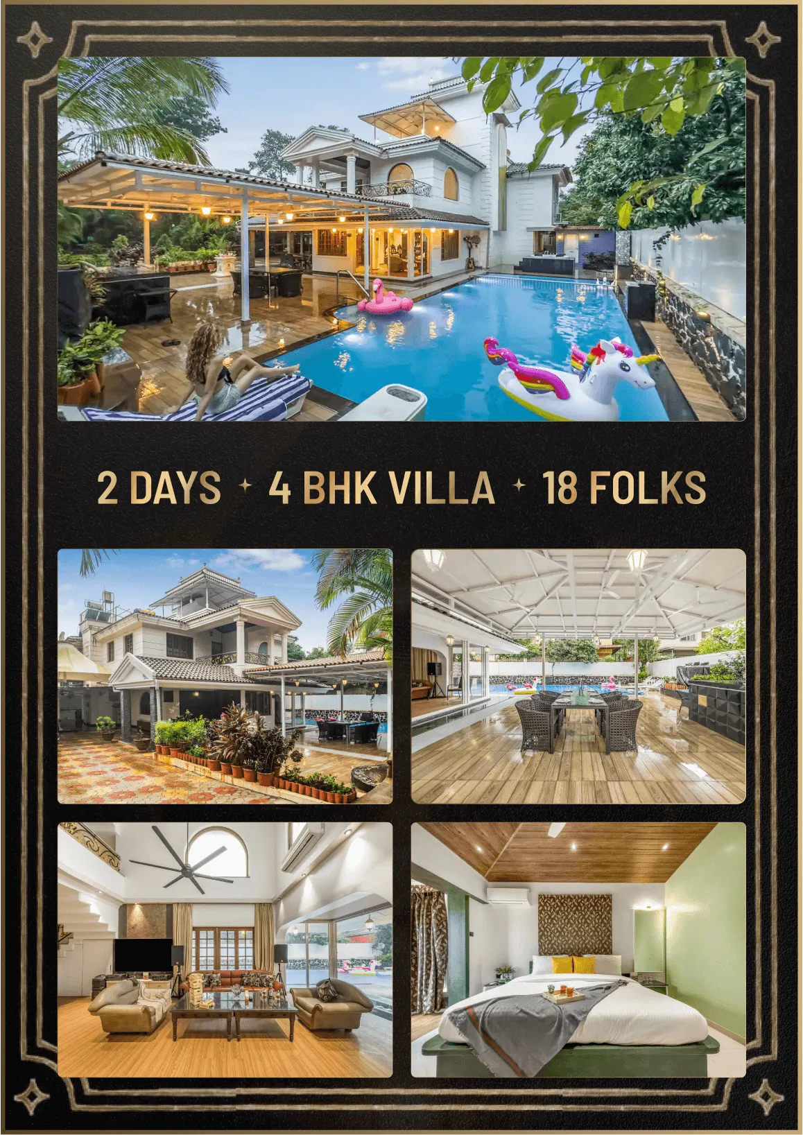 Luxurious 4-bedroom villa with pool, outdoor dining, and colorful floats