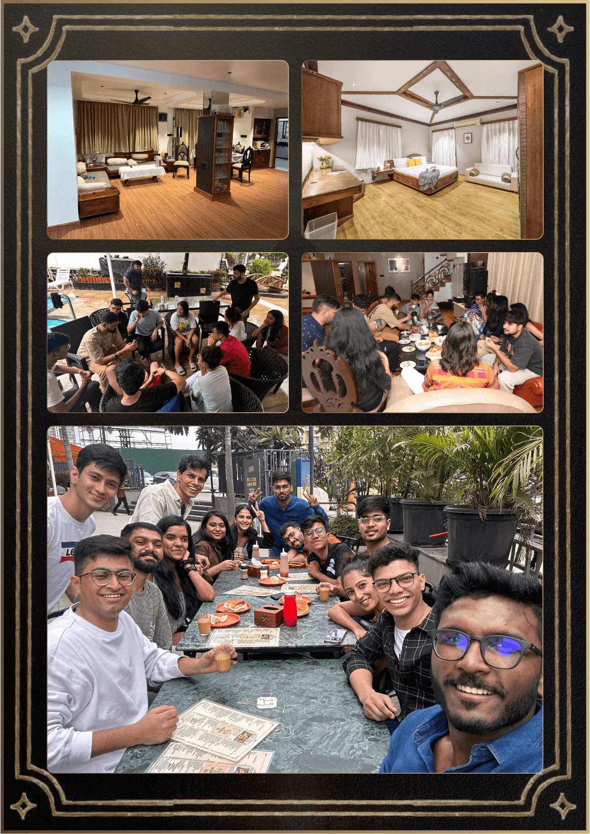 Group gathering showcasing bedrooms, poolside, and dining moments together