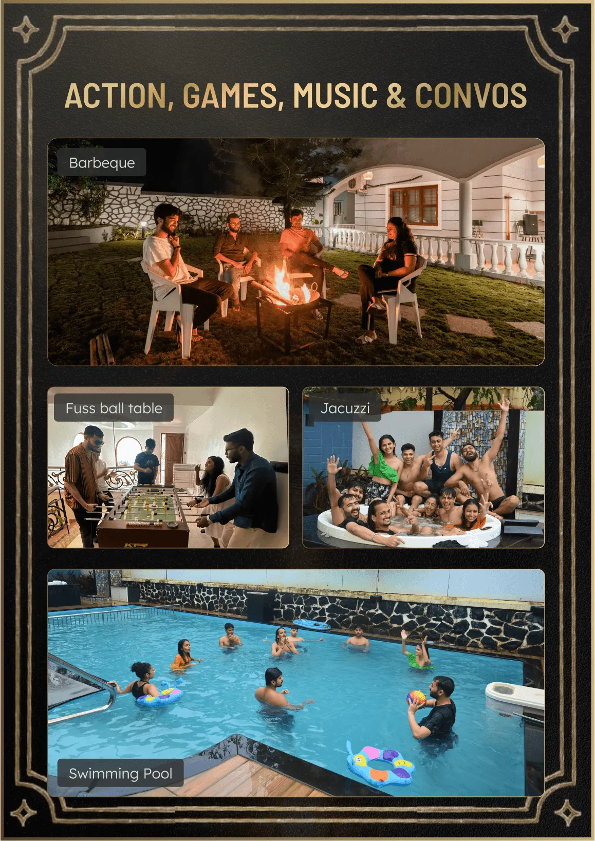 Friends enjoying barbecue, games, jacuzzi, and swimming pool together