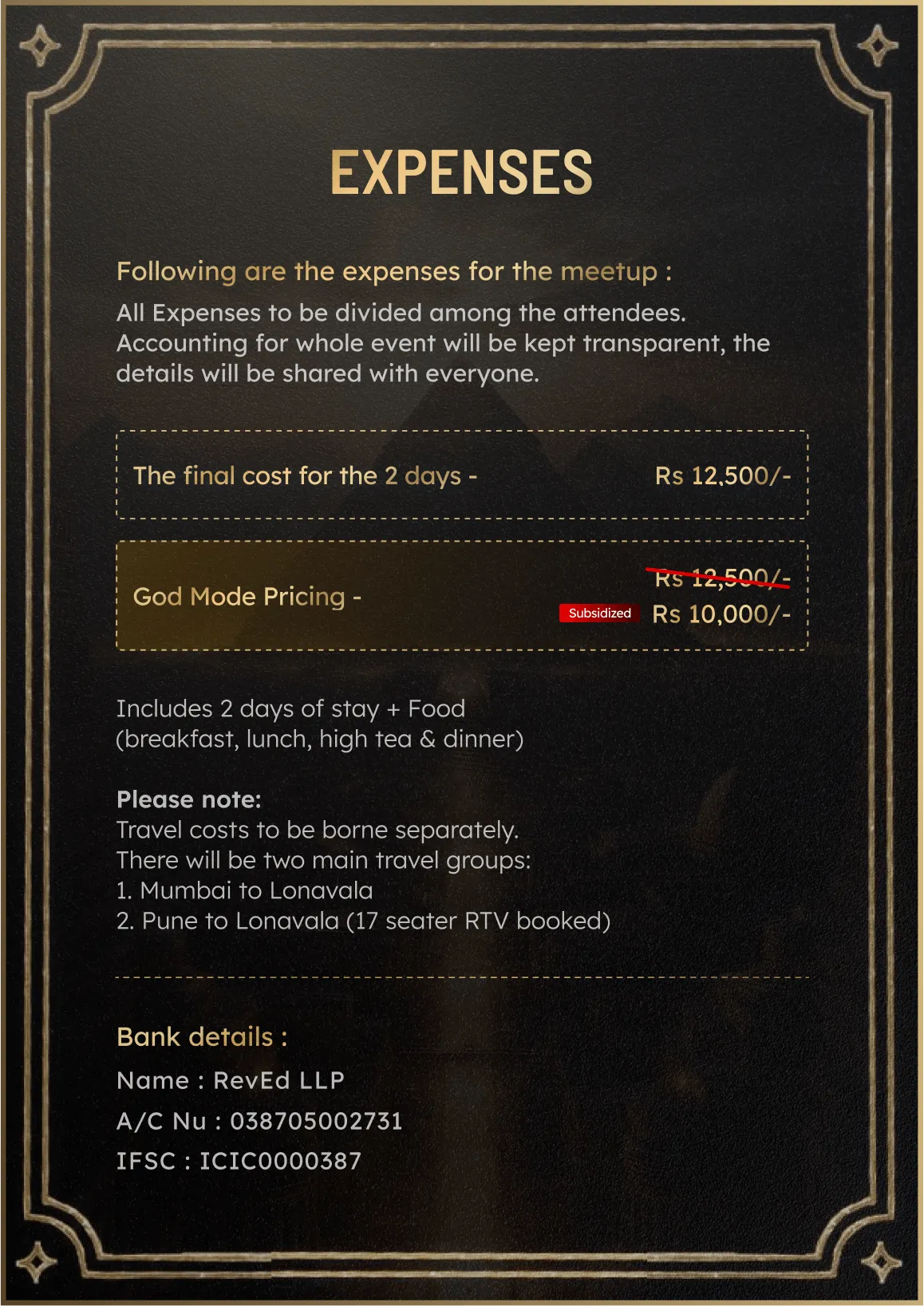 Event expense details with pricing and transparent cost breakdown