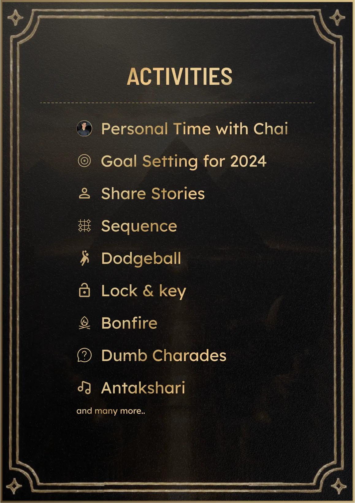 List of activities including goal setting, dodgeball, and charades