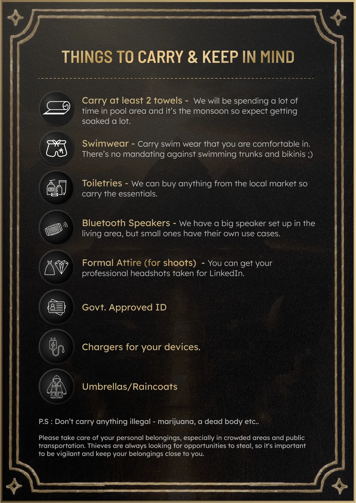 List of essential items to carry for a trip with guidelines and warnings