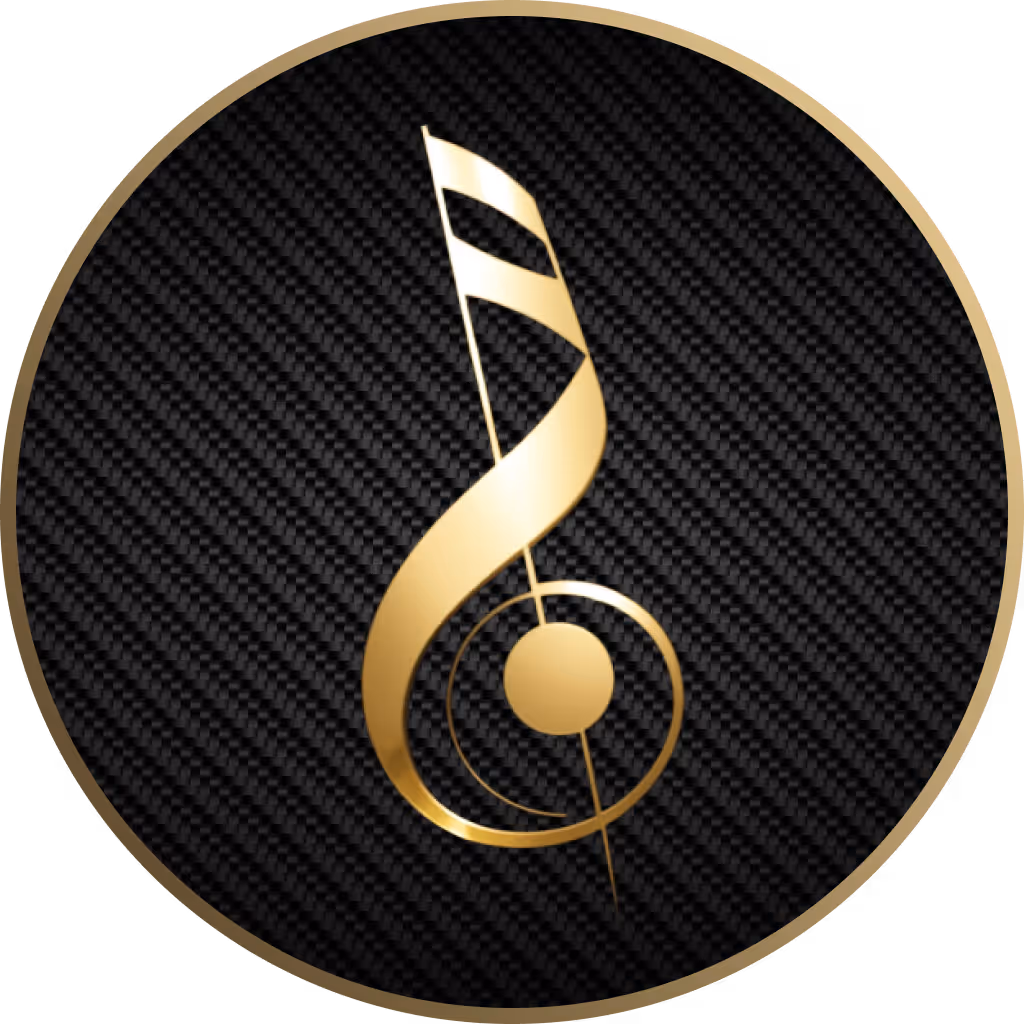 Golden treble clef music symbol on black carbon fiber background