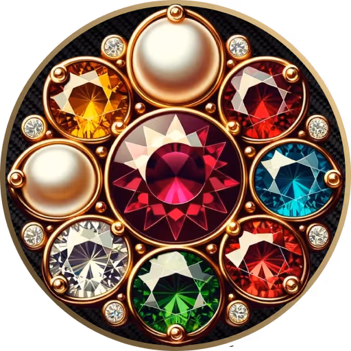 Ornate circular design with colorful gemstones and pearls on black background