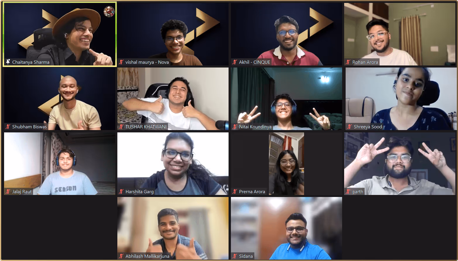 Multiple participants in a virtual video conference meeting, smiling