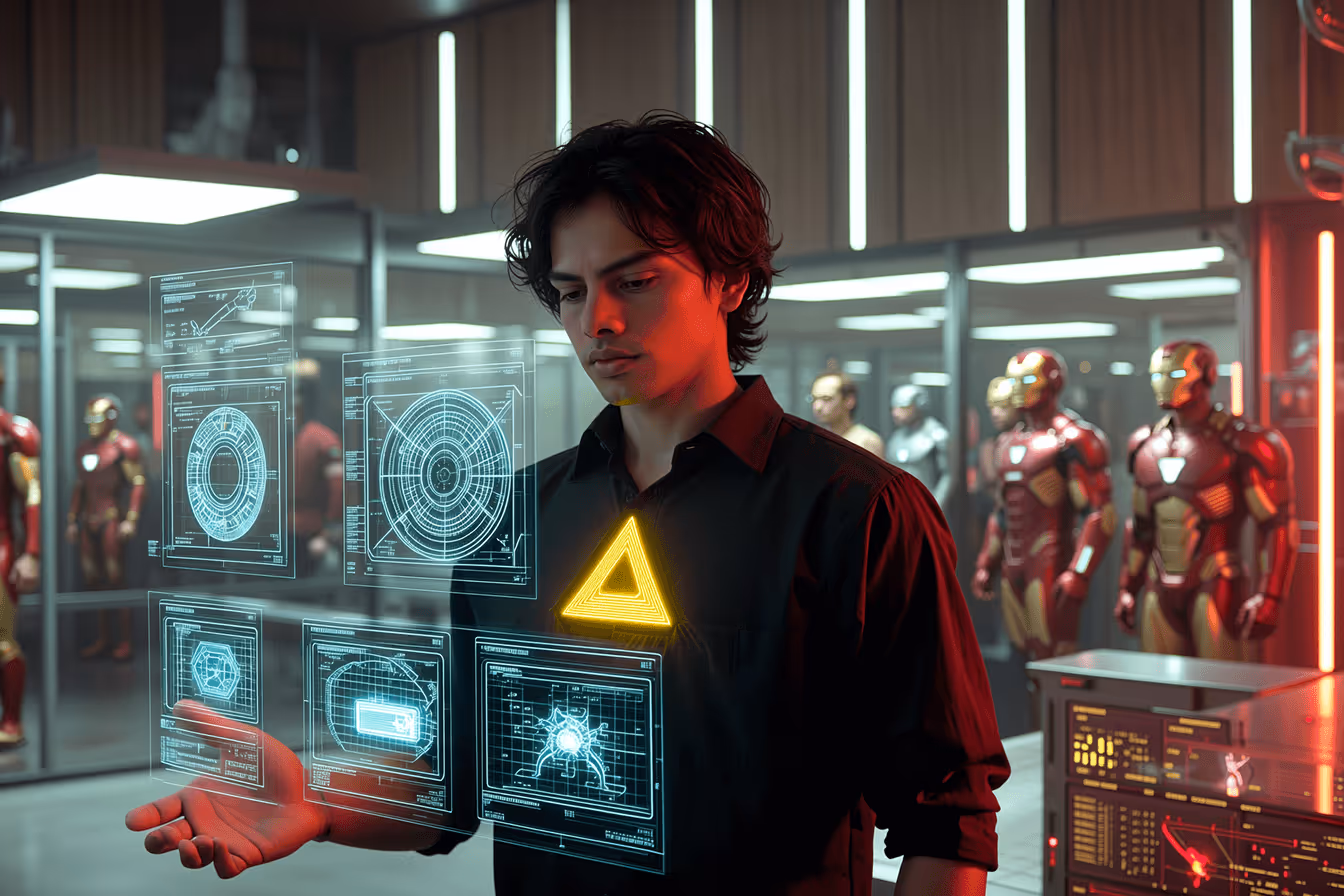 Scientist examining holographic displays with Iron Man suits in background