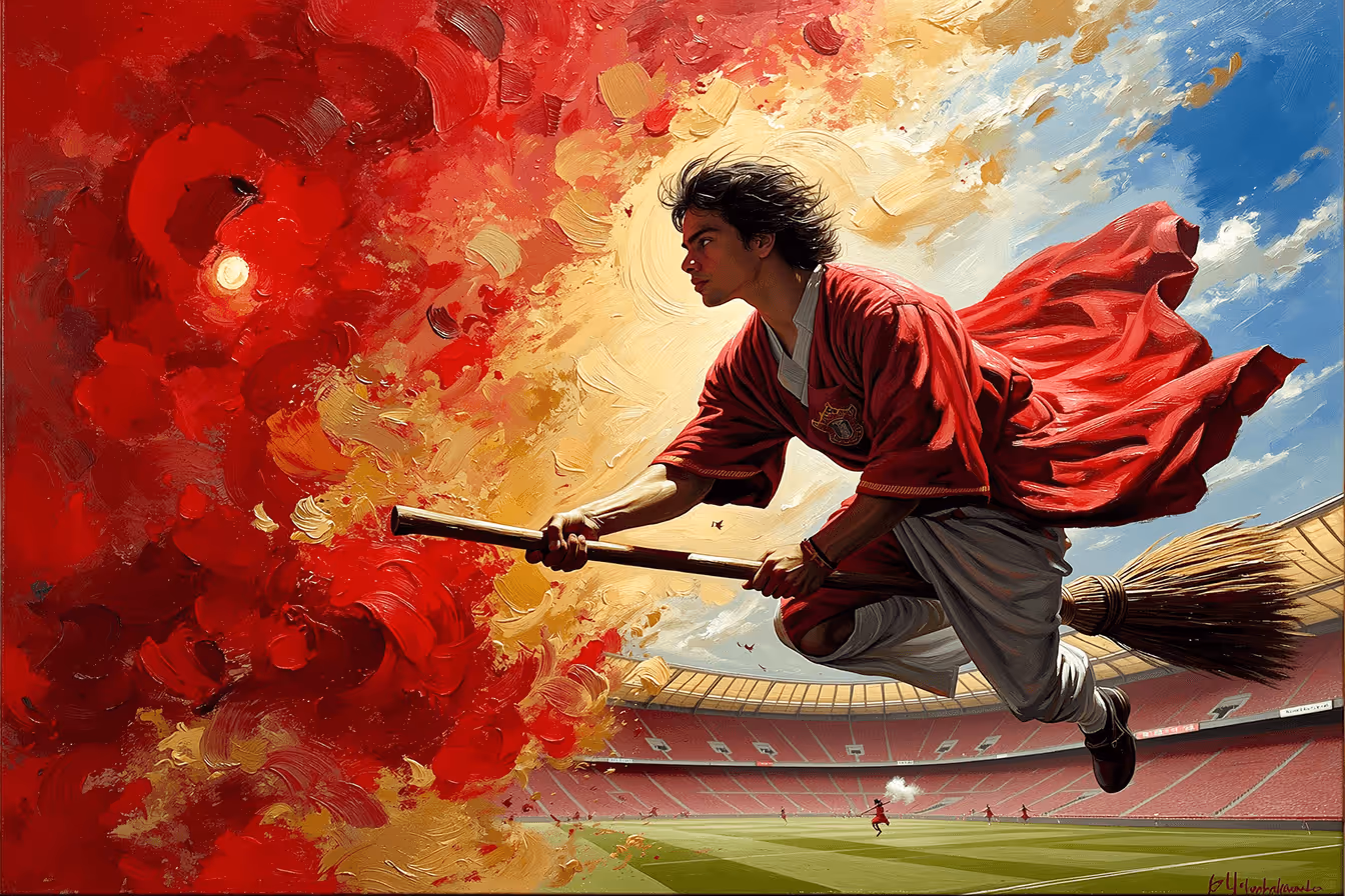 Magical figure flying on broomstick over soccer stadium with dramatic red explosion